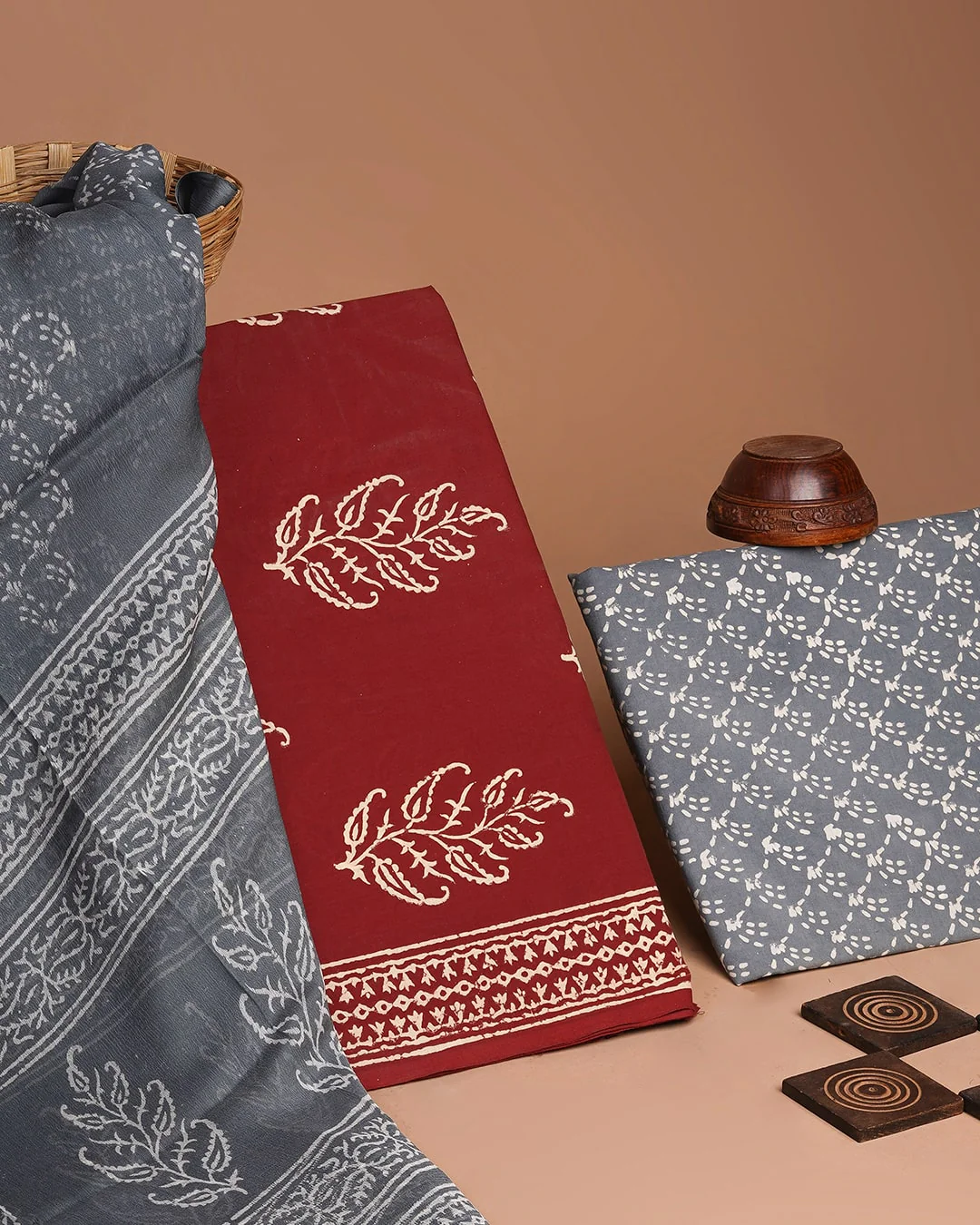 Traditional Grey and Maroon Hand Block Discharge Printed Cotton Suit With Chiffon Dupatta (BSCOTCH05) - Image 3