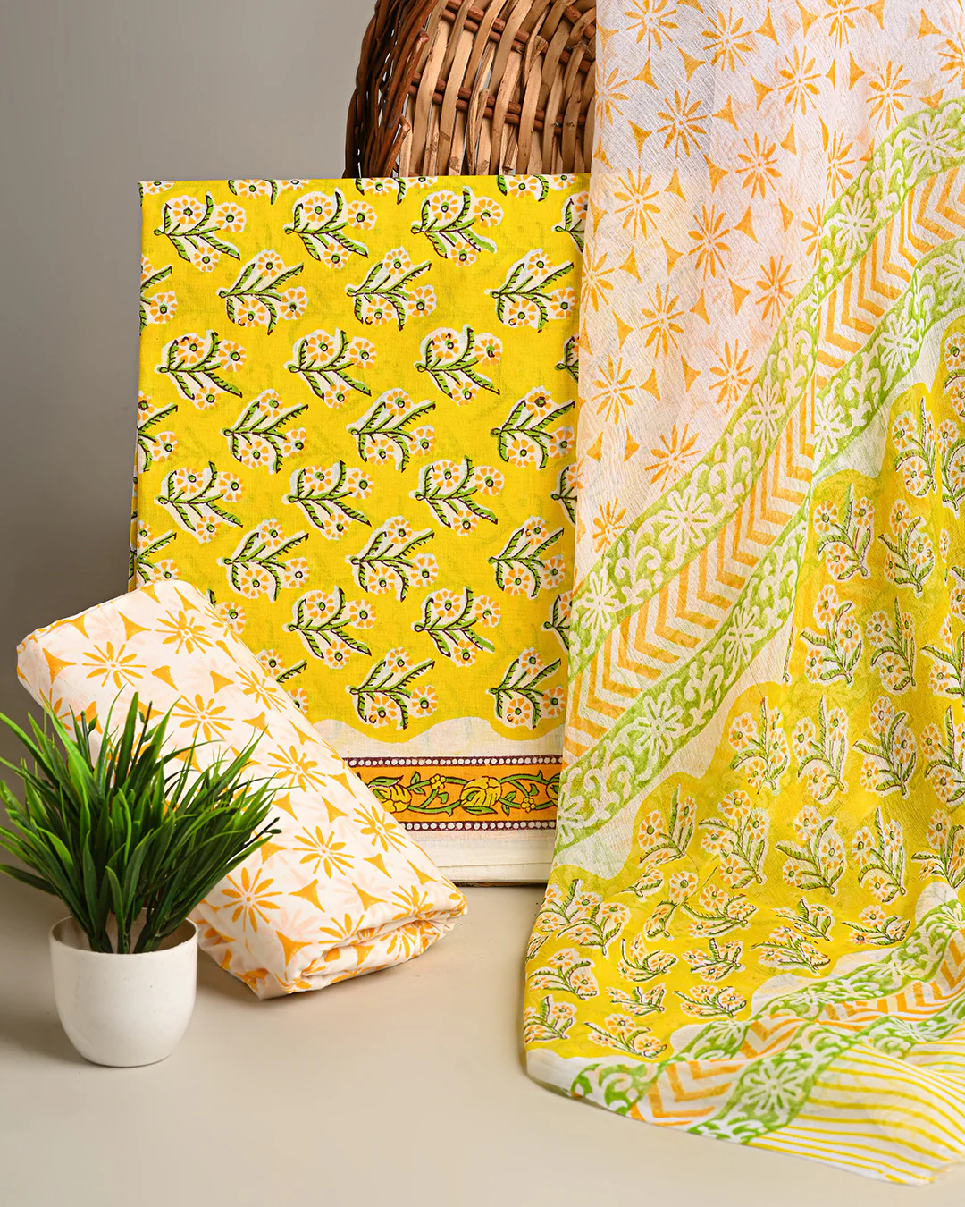 Premium Yellow Hand Block Sanganeri Print Cotton Suit With Chiffon Dupatta BSCOTCH27 - Image 3
