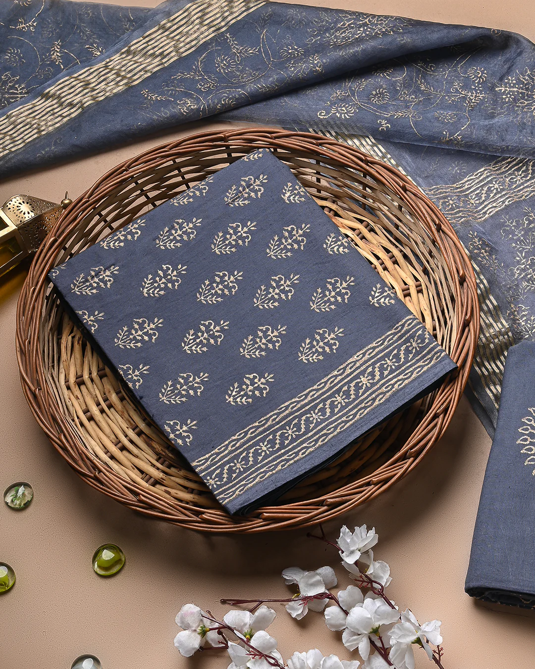 Elegant Grey With Golden Hand Block Printed Cotton Suit With Organza Dupatta BSCOD38 - Image 3