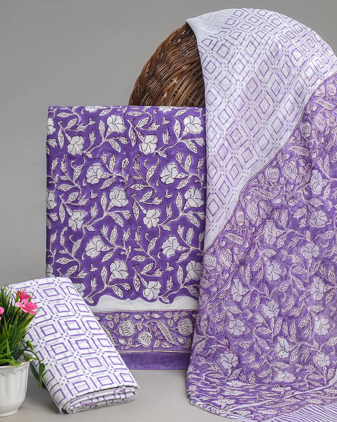 Elegant Purple Hand Block Sanganeri Print Cotton Suit With Chiffon Dupatta (BSCOTCH24) - Image 3