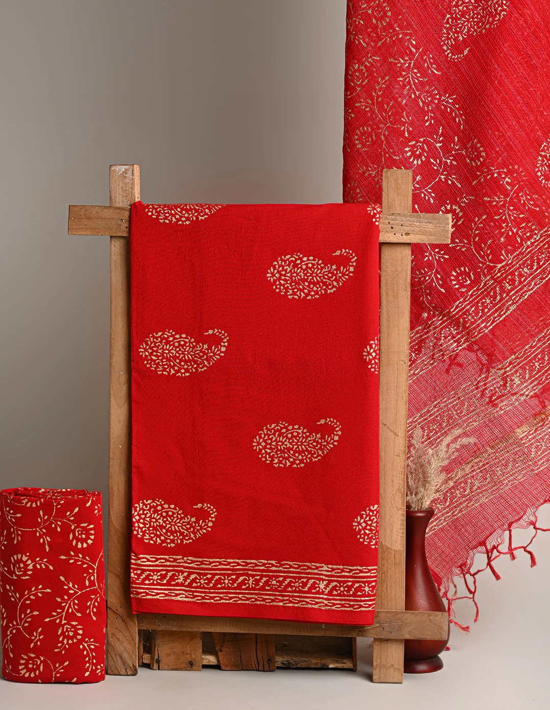 Exclusie Red With Golden Sanganeri Print Suit With Kota Doria Dupatta CFCOTKO15