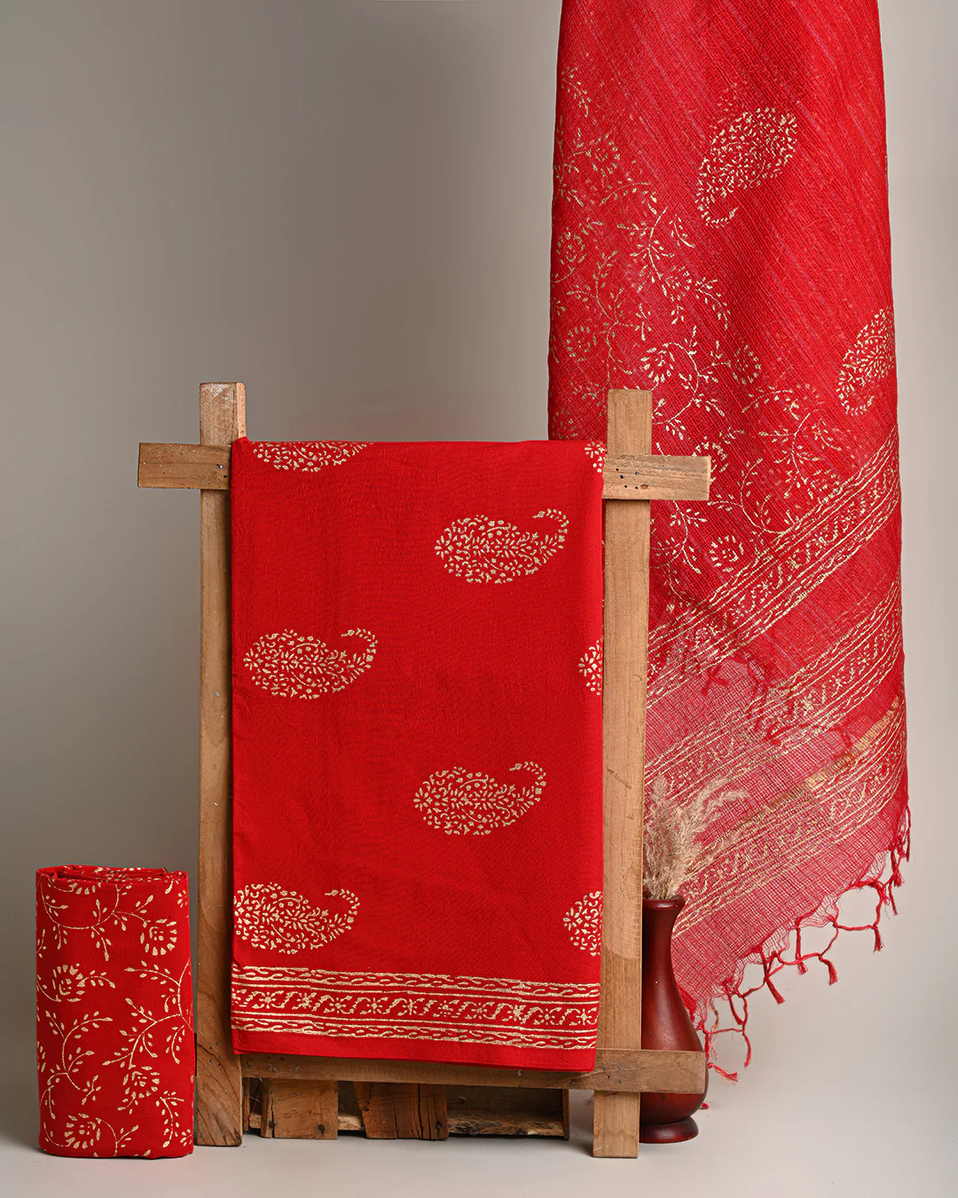 Exclusie Red With Golden Sanganeri Print Suit With Kota Doria Dupatta CFCOTKO15 - Image 3