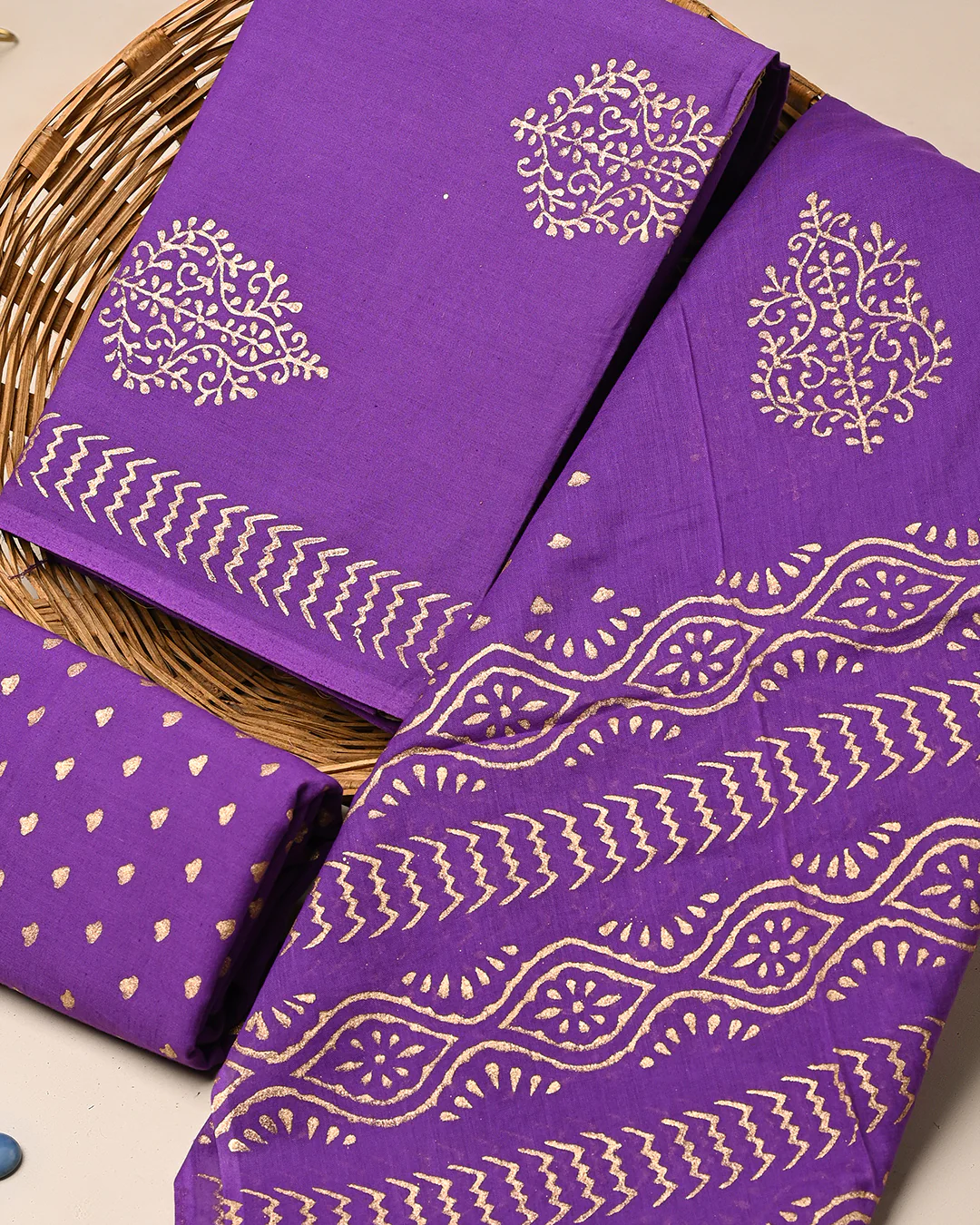 Exclusive Gold floral Hand block printed Cotton Suit With Cotton Dupatta (BSCOTMU130) - Image 3