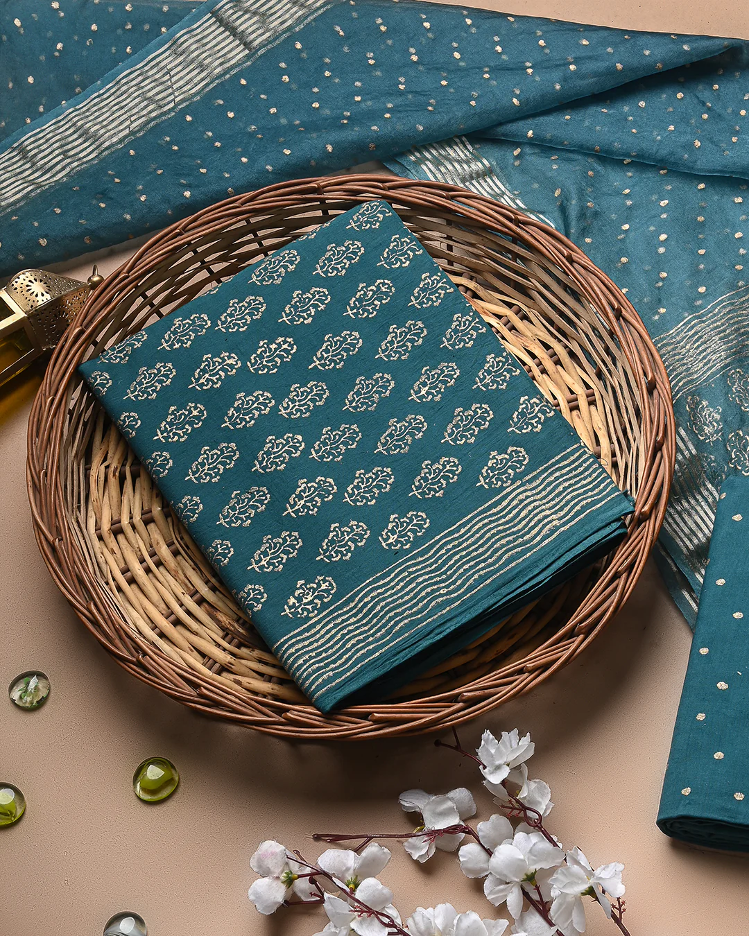 Exclusive Grey with Golden Hand Block Printed Cotton Suit With Organza Dupatta BSCOD30 - Image 3