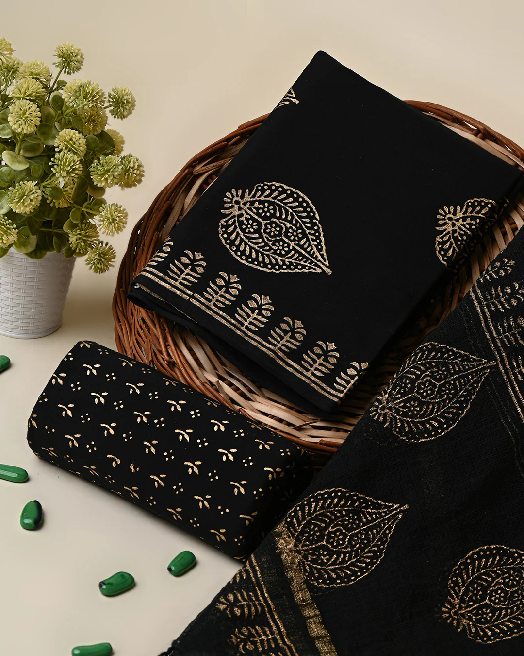 Premium Black Hand Block Elegant Gold Print Cotton Suit With Kota Dupatta (BSCOTKO08) - Image 3
