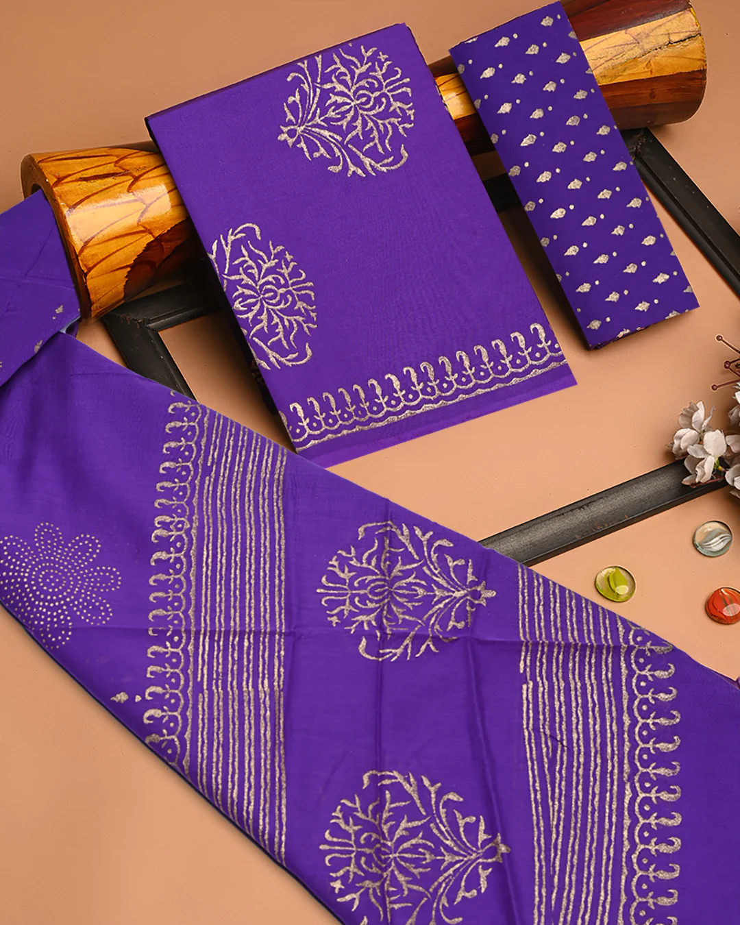 Exclusive Gold floral Hand block printed Cotton Suit With Cotton Dupatta (BSCOTMU57) - Image 3