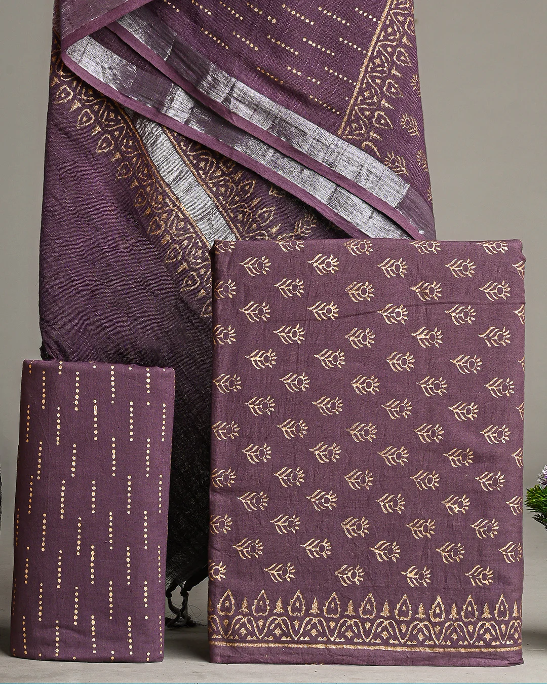 Brownish Hand Block Printed Cotton Suit With Linen Dupatta BSLID33 - Image 3