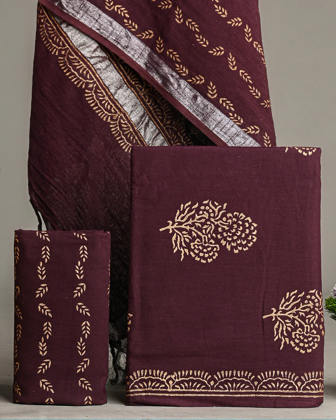 Brownish Hand Block Printed Cotton Suit With Linen Dupatta BSLID12 - Image 3