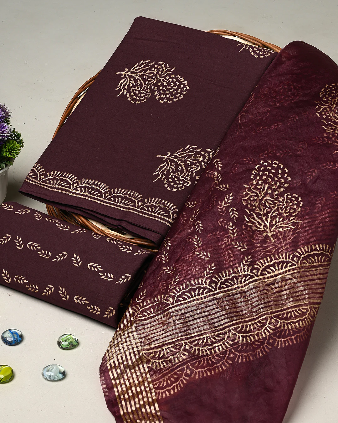 Brownish Hand Block Printed Cotton Suit With Organza Dupatta BSCOD33 - Image 3