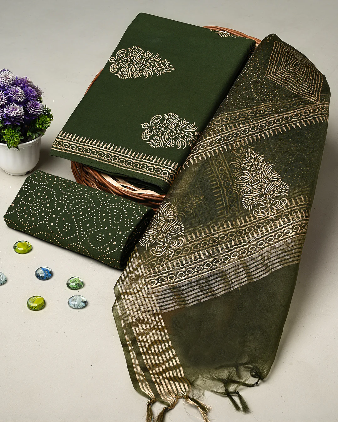Exclusive Green Hand Block Printed Cotton Suit With Organza Dupatta BSCOD34 - Image 3