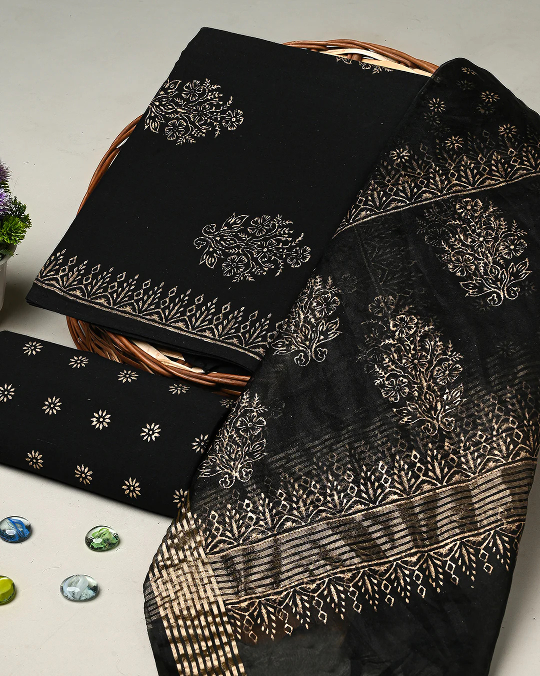 New Black with Golden Strips Hand Block Printed Cotton Suit With Organza Dupatta BSCOD35 - Image 3
