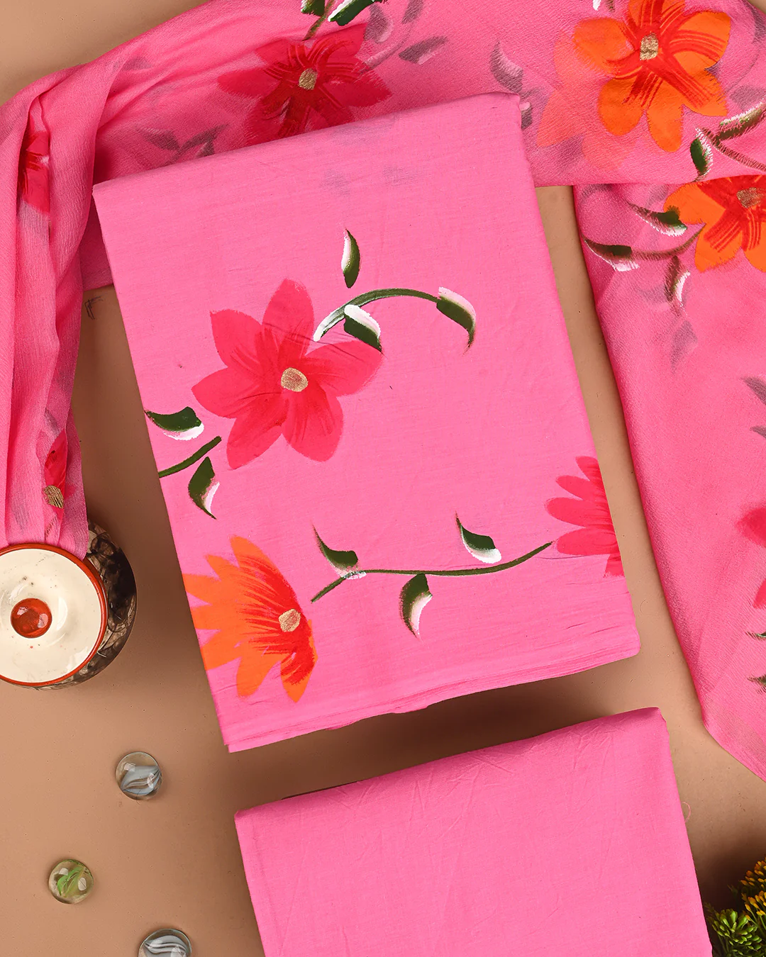 New Pink Floral Hand Painted Cotton Suit Sets With Chiffon Dupatta (BSCOTCH74) - Image 3
