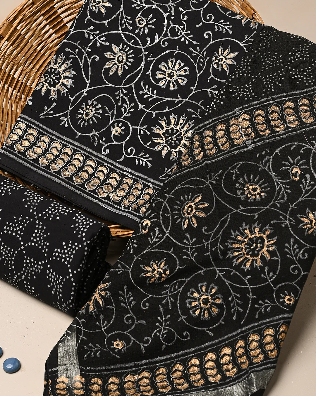 New Traditional Khadi Gold Printed Cotton Suit With Linen Dupatta (BSLID46) - Image 3