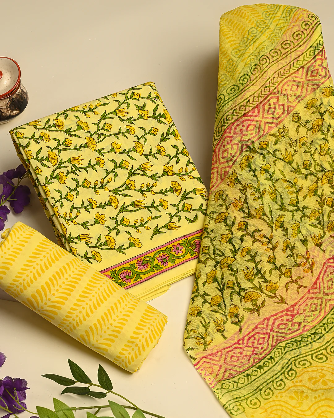 Traditional Hand Block Printed Cotton Suit With Chiffon Dupatta (BSCOTCH19) - Image 3