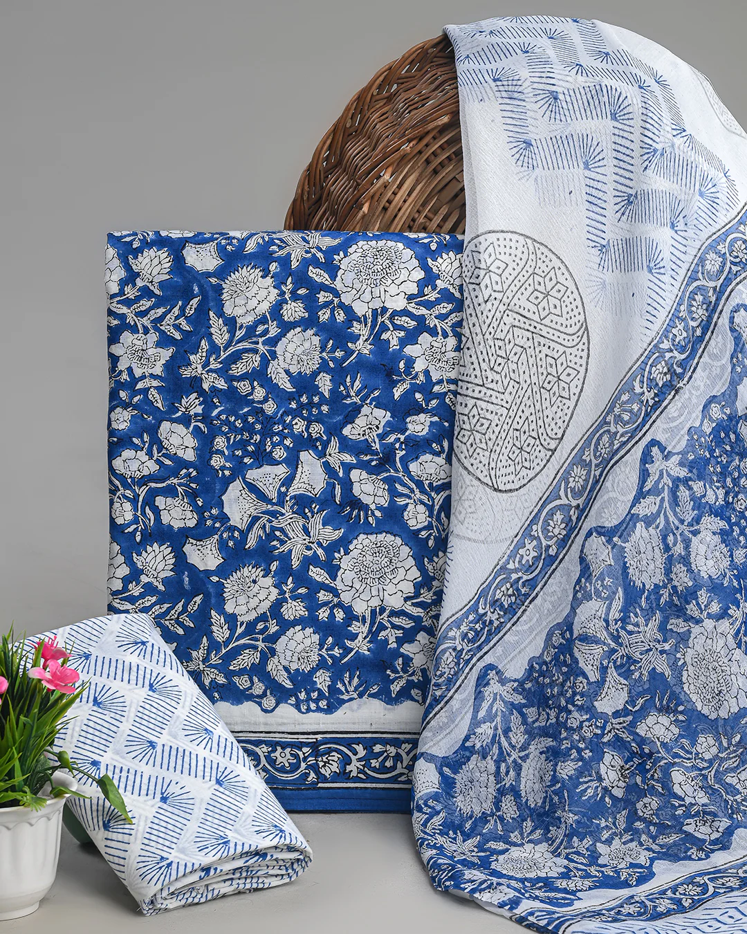 Premium Blue With White Floral Sanganeri Print Cotton Suit With Chiffon Dupatta (BSCOTCH36) - Image 3