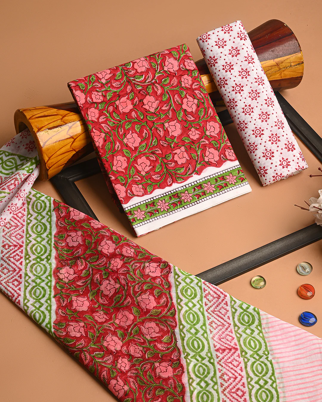 Premium Red Floral Hand Block Printed Cotton Suit With Cotton Dupatta (BSCOTMU39) - Image 3