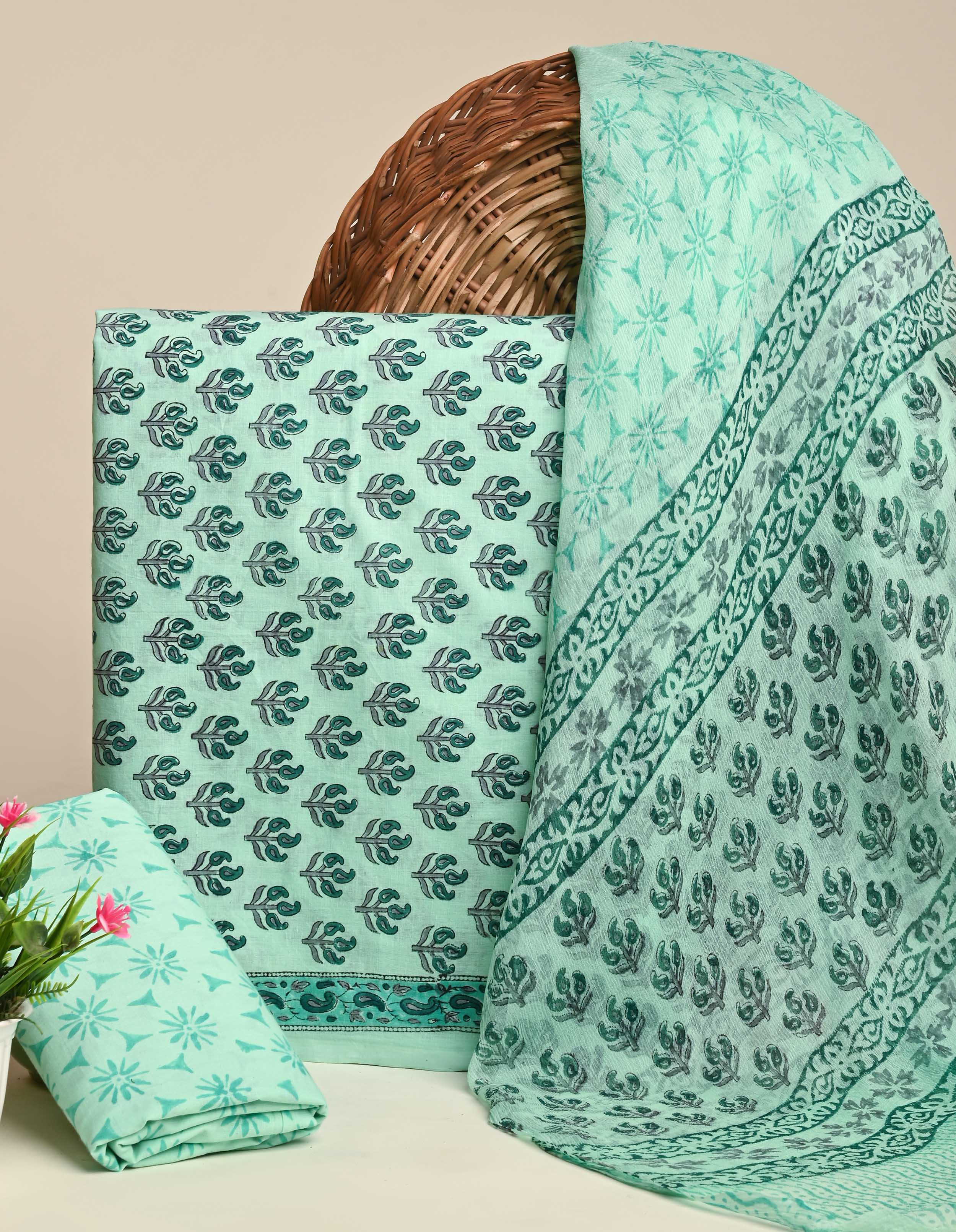 Exclusive Floral Hand Block Print Cotton Suit With Chiffon Dupatta (BSCOTCH43) - Image 3