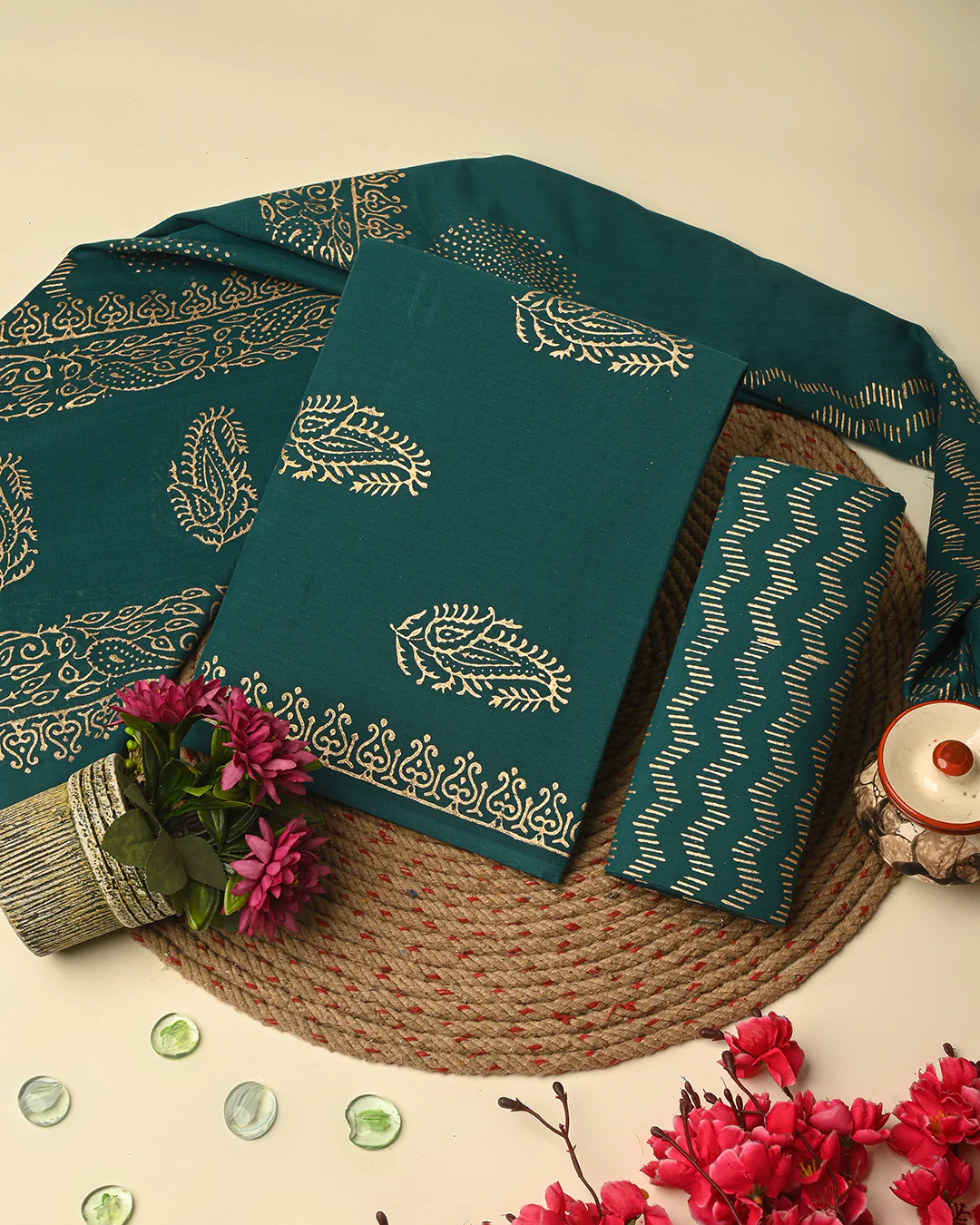 Premium Green Golden Hand Block Print Cotton Suit Sets With Cotton Dupatta CFCOTMU66 - Image 3