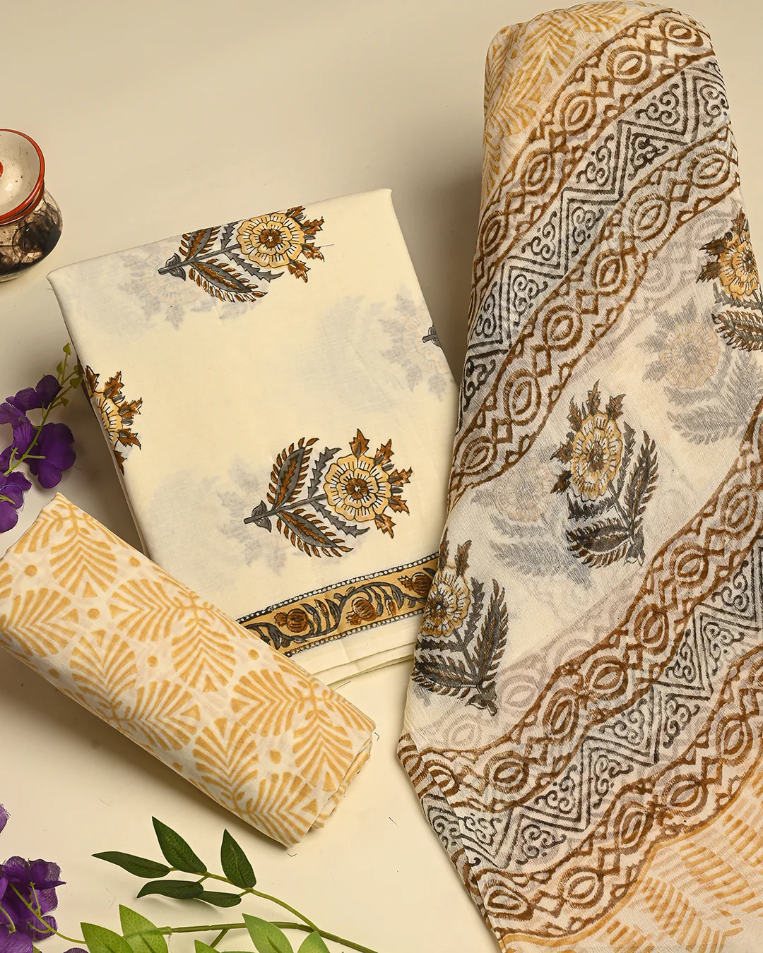 Premium Hand Block Print Cotton Suit With Chiffon Dupatta (BSCOTCH42) - Image 3