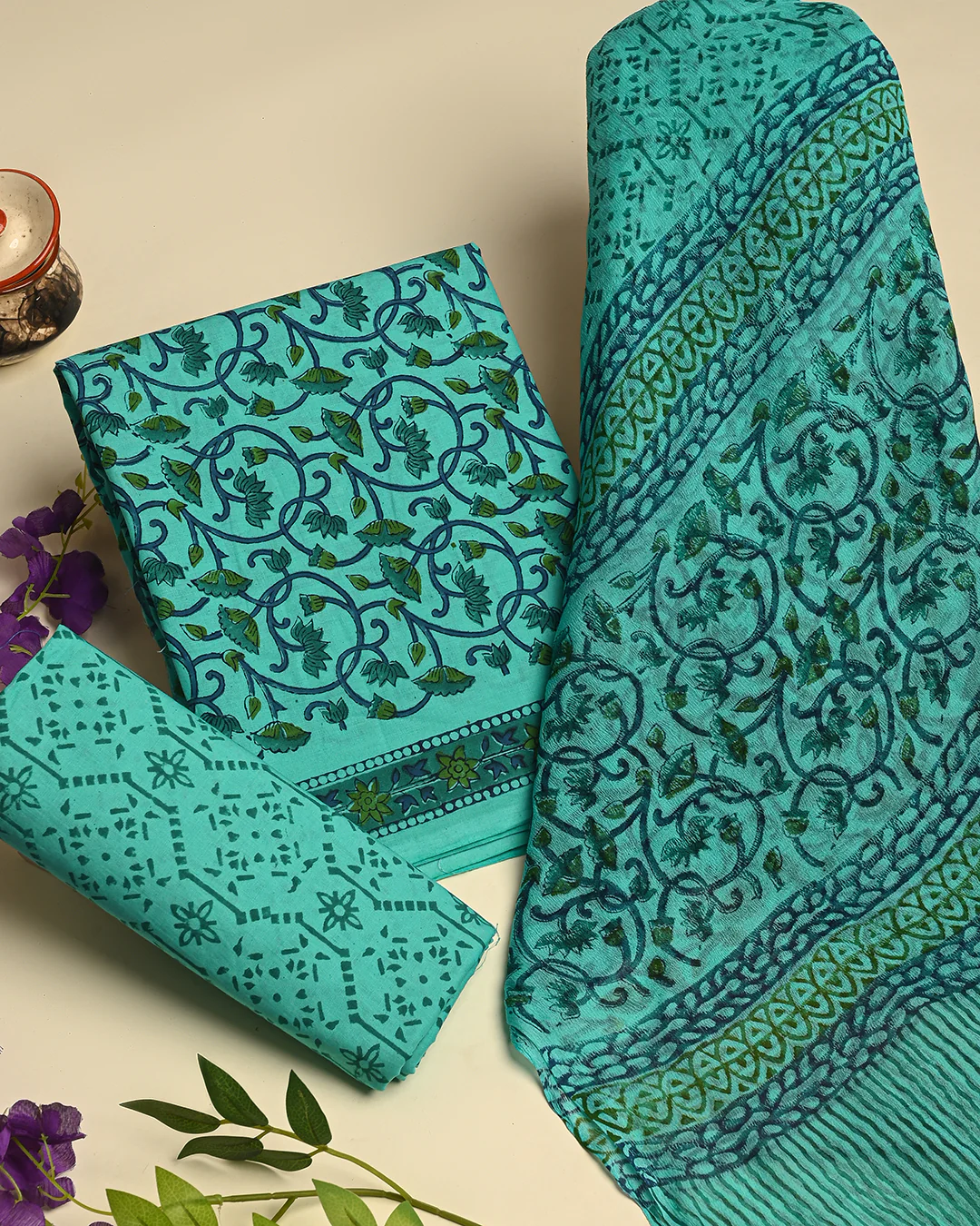 Premium Hand Block Print Cotton Suit With Chiffon Dupatta (BSCOTCH38) - Image 3
