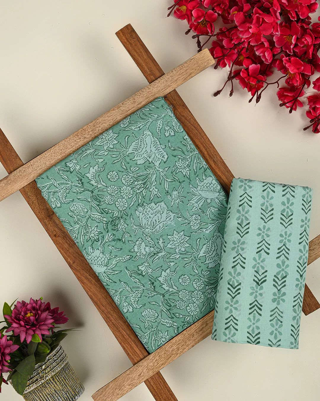 Premium Hand Block Printed Cotton Suit Top And Bottom Set (BSTB54)