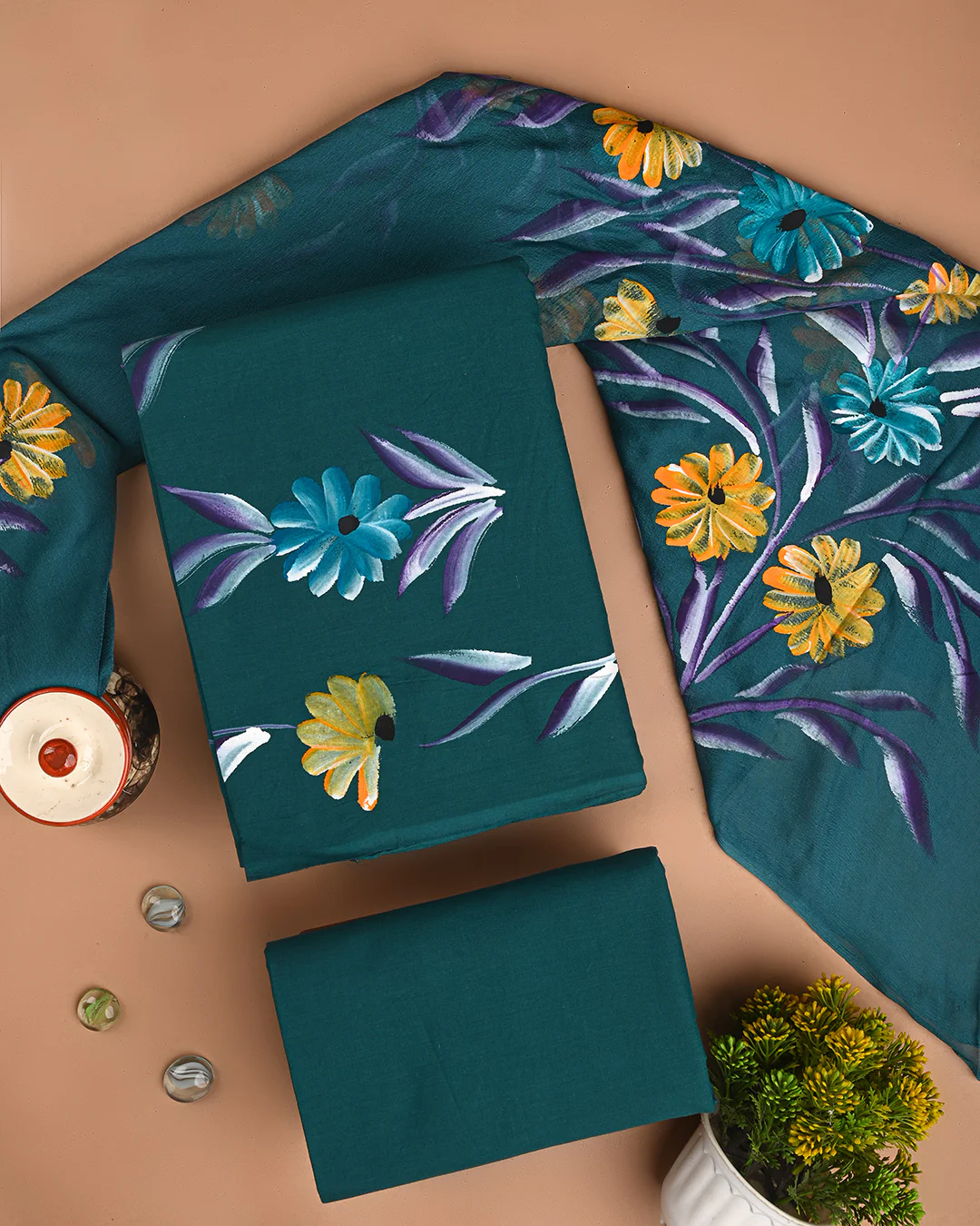 New Green Yellow Floral Hand Painted Cotton Suit With Chiffon Dupatta (BSCOTCH28) - Image 3