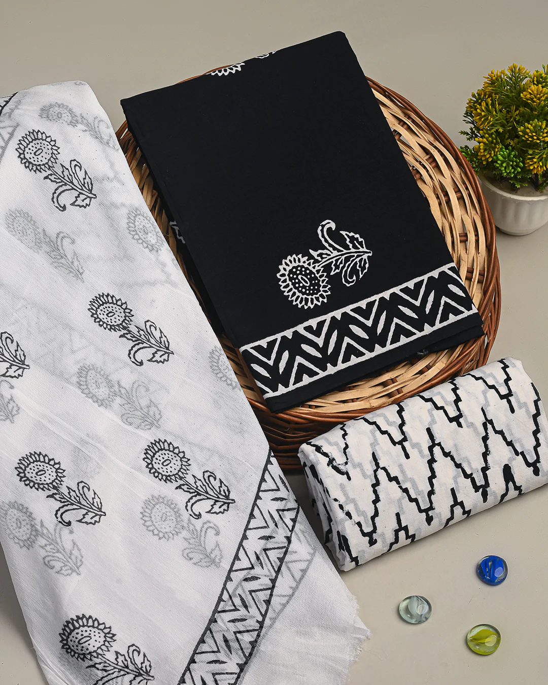 Premium White & black Hand Printed Cotton Suit With Chiffon Dupatta (BSCOTCH58) - Image 3