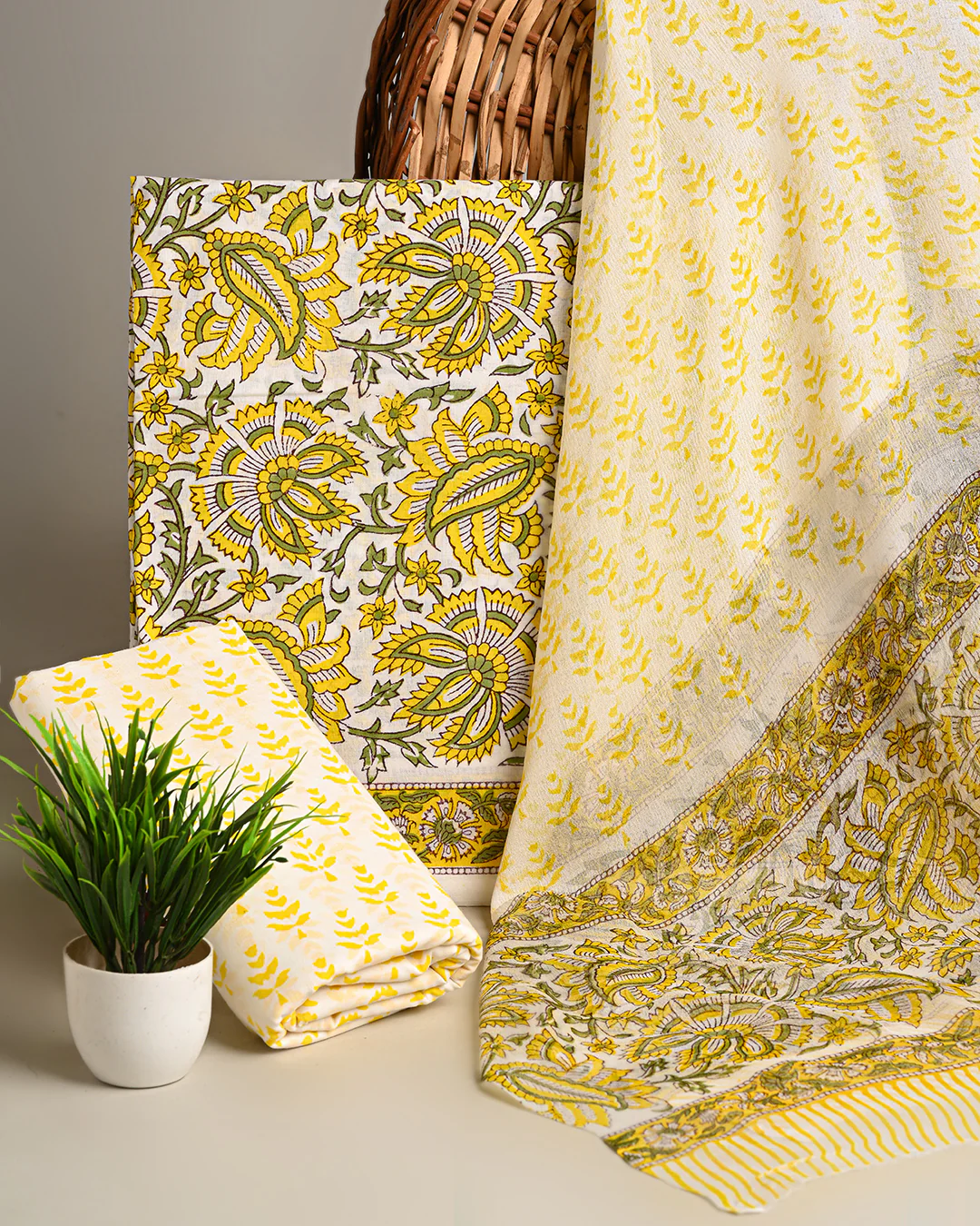 Premium Yellow Hand Block Sanganeri Print Cotton Suit With Chiffon Dupatta (BSCOTCH16) - Image 3