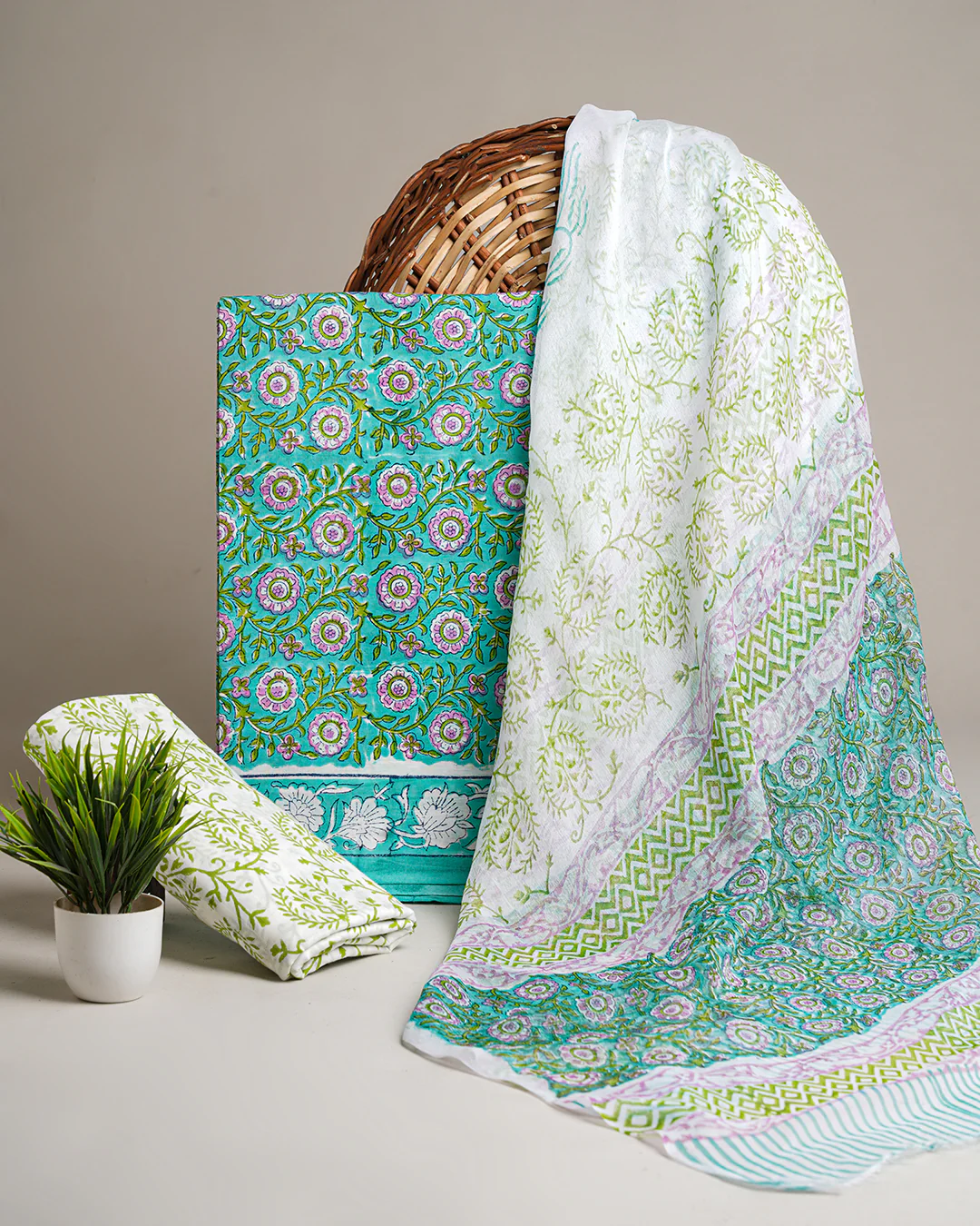 Premium Multicolour Hand Block Sanganeri Print Cotton Suit With Chiffon Dupatta (BSCOTCH35) - Image 3