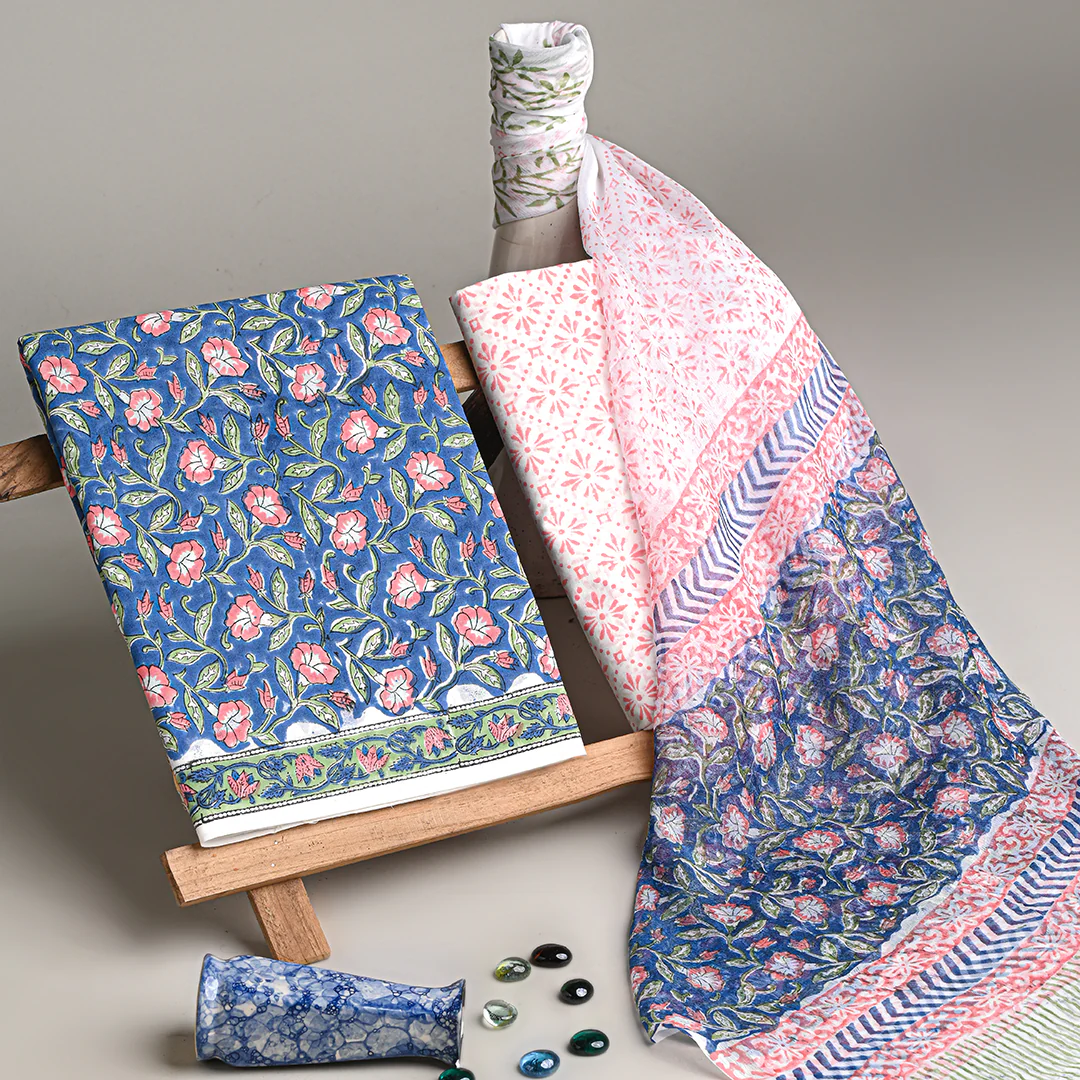 Premium Blue With Pink Floral Sanganeri Print Cotton Suit With Chiffon Dupatta (BSCOTCH01) - Image 3