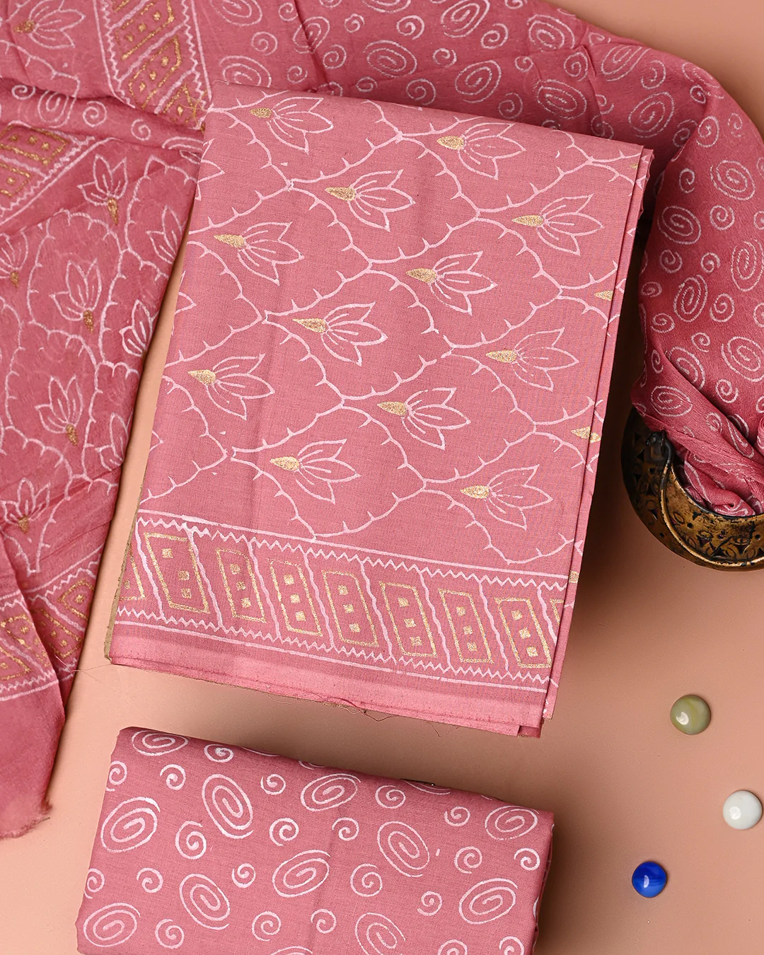 Premium Khadi Gold Printed Cotton Suit With Chiffon Dupatta (BSCOTCH111) - Image 3