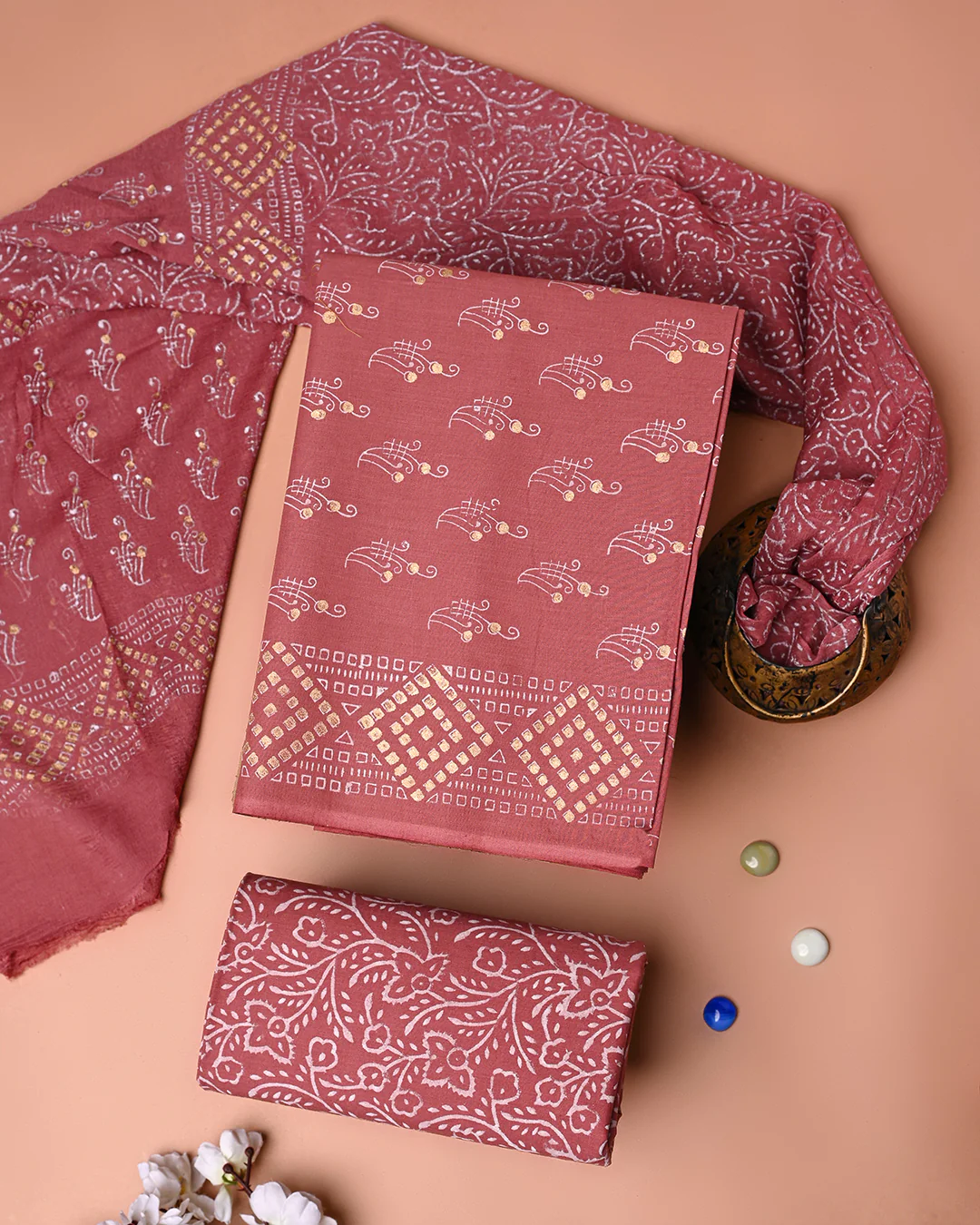 Premium Hand Block Khadi Gold Printed Cotton Suit With Chiffon Dupatta (BSCOTCH108) - Image 3