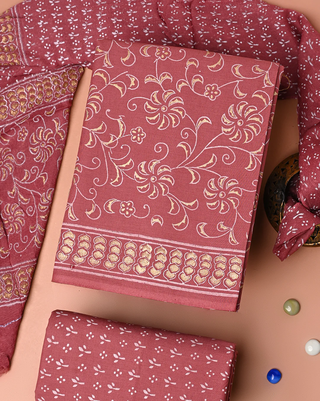 Premium Khadi Gold Printed Cotton Suit With Chiffon Dupatta (BSCOTCH110) - Image 3