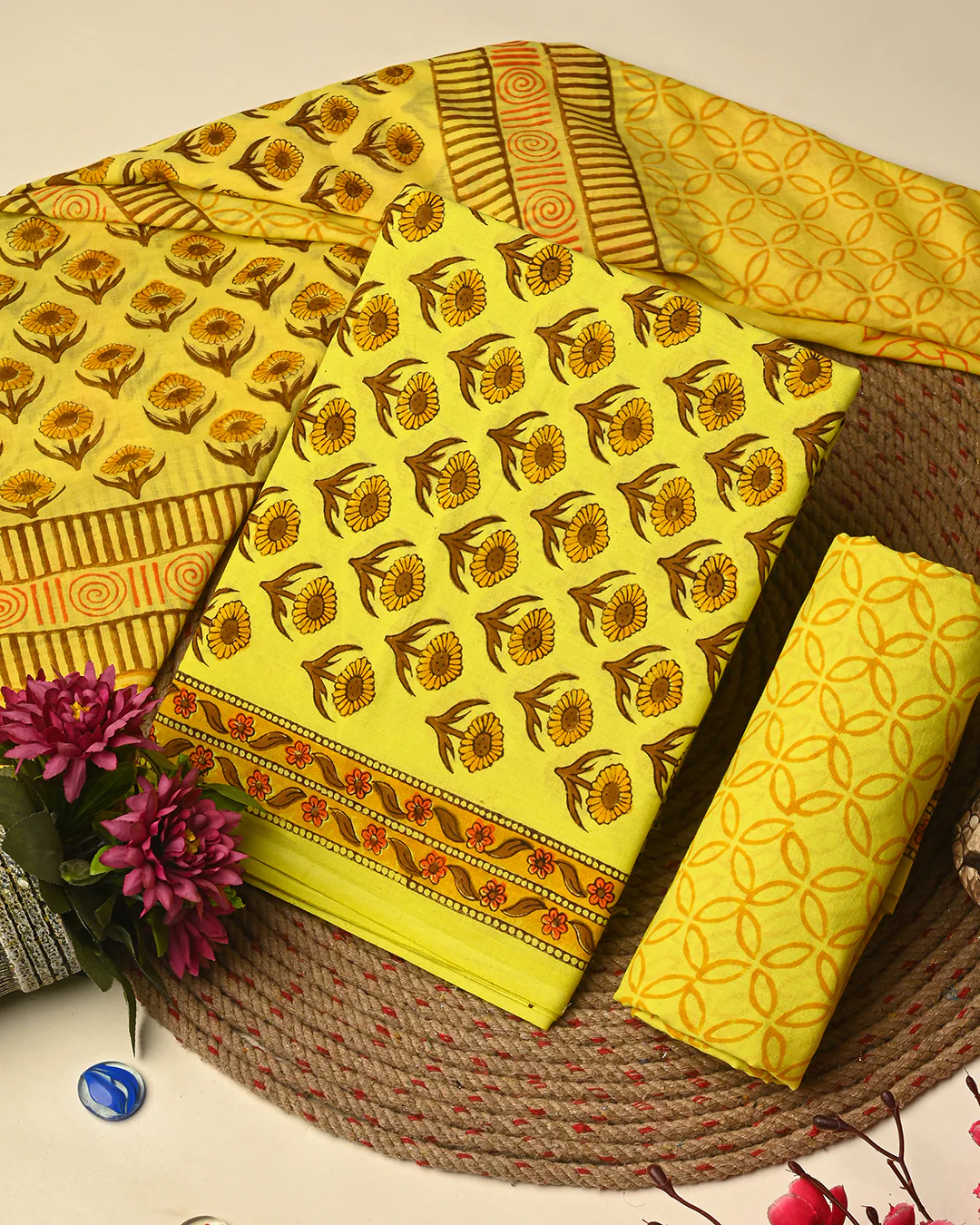 Premium Yellow Hand Block Printed Cotton Suit With Cotton Duptta (BSCOTMU20) - Image 3