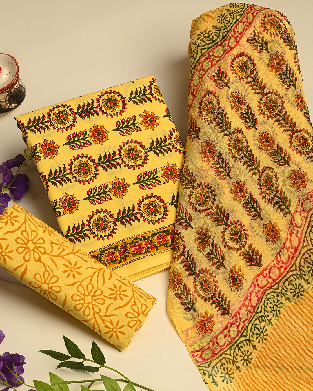 Premium Hand Block Print Cotton Suit With Chiffon Dupatta (BSCOTCH37) - Image 3