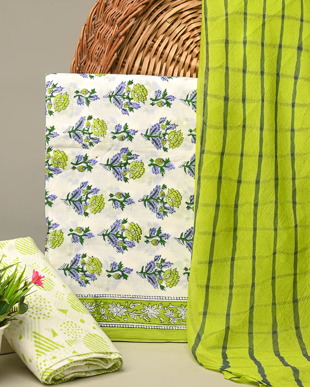 Premium Green Hand Block Sanganeri Print Cotton Suit With Chiffon Dupatta (BSCOTCH20) - Image 3