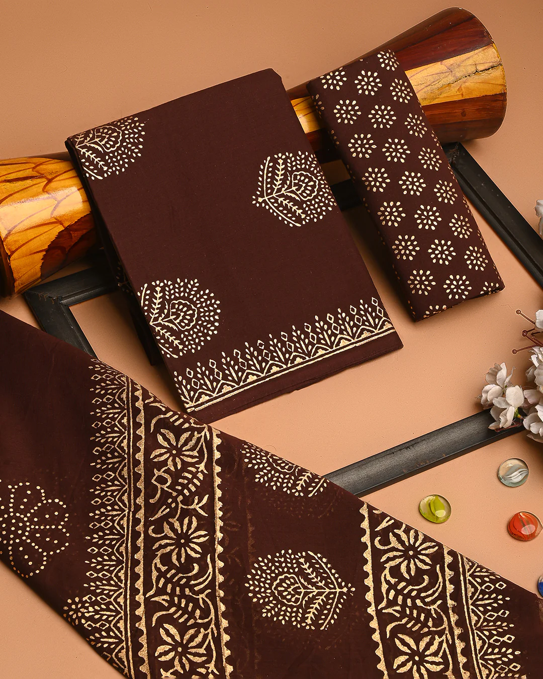 Premium Brown Floral Hand Block Printed Cotton Suit With Cotton Dupatta (BSCOTMU58) - Image 3