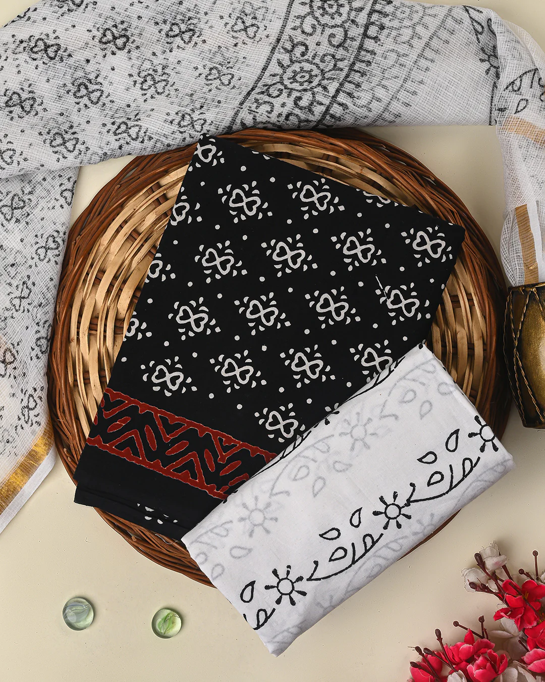 New Exclusive White & black Hand Block Printed Cotton Suit With Kota Doria Dupatta BSCOTKO46 - Image 3
