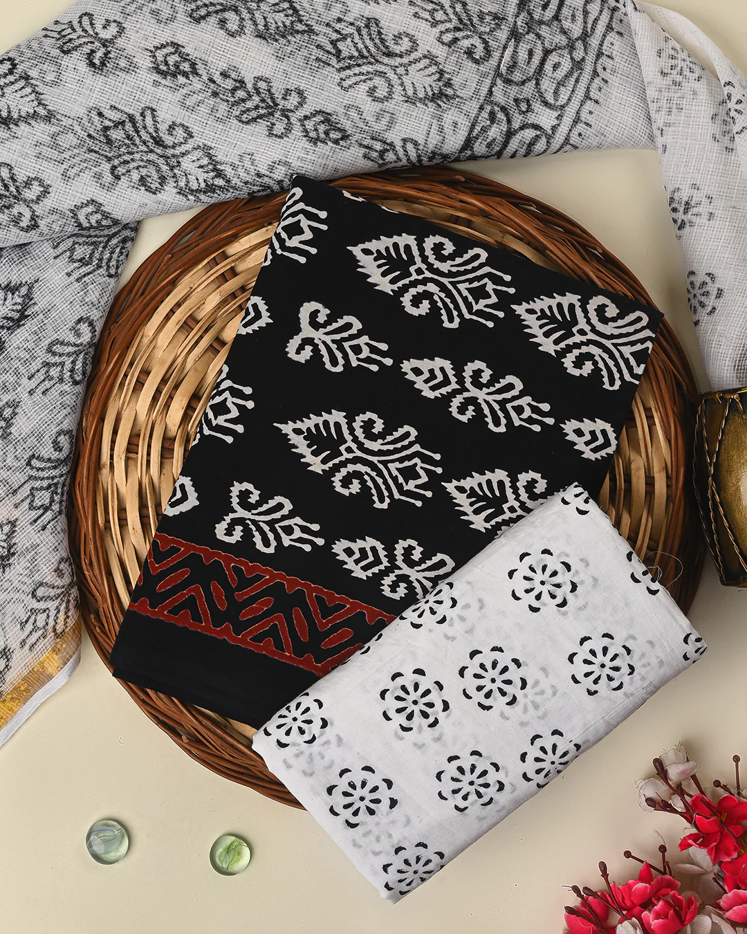 New Black & white Hand Block Printed Cotton Suit With Kota Doria Dupatta BSCOTKO48 - Image 3