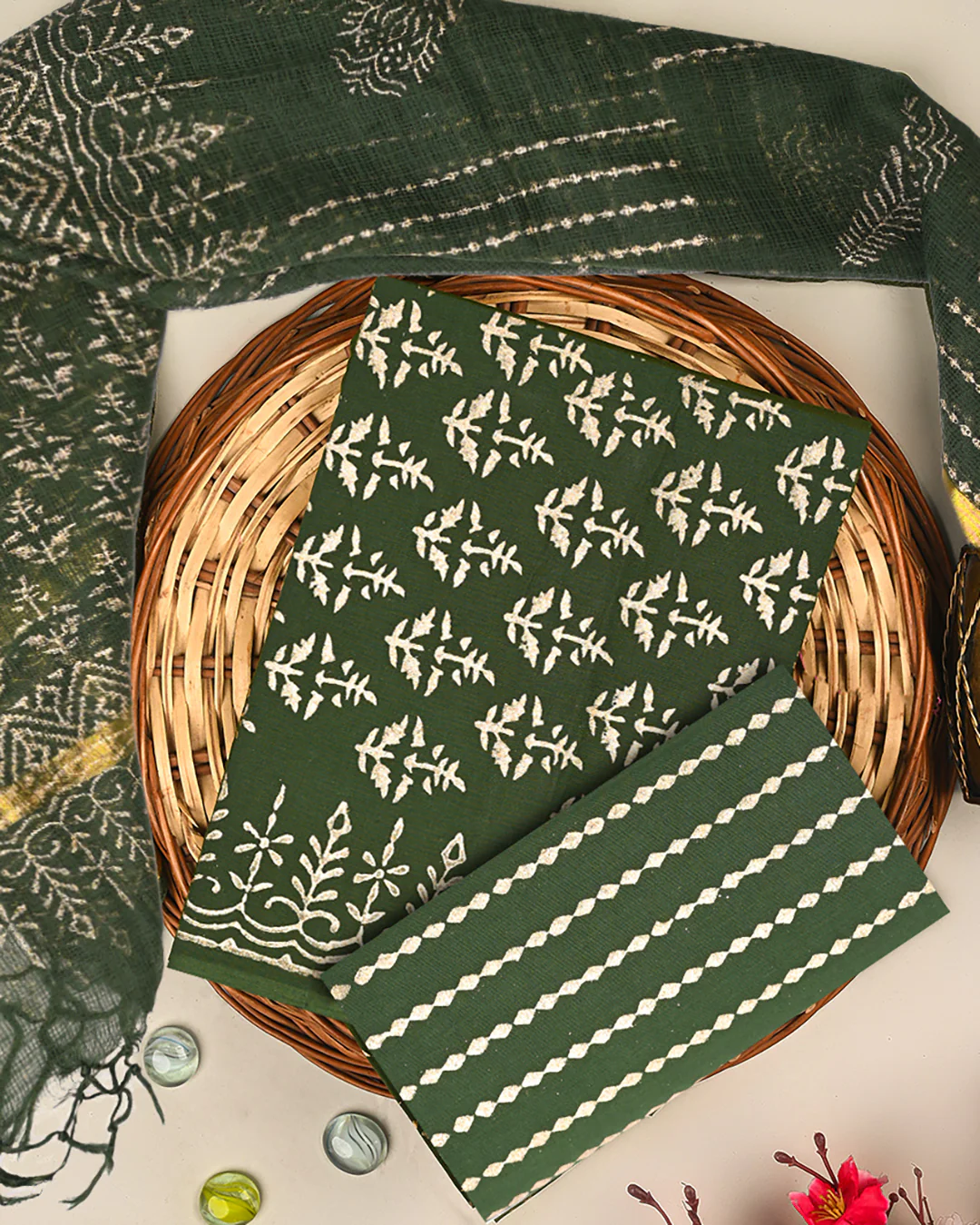 Elegant Green Gold Print Cotton Suit Sets With Kota Doria Dupatta (BSCOTKO75) - Image 3