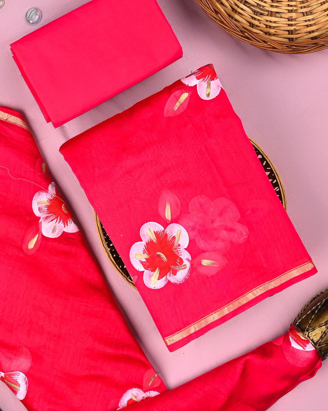 Traditional  Hand Painted Chanderi Silk Suit Set (BSCHACH32) - Image 3