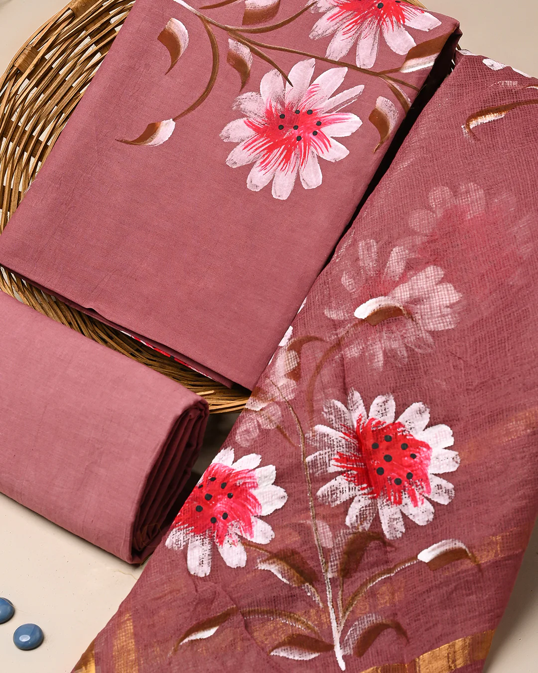 Traditional Hand Painted Cotton Suit With Kota Doria Dupatta (BSCOTKO129) - Image 3