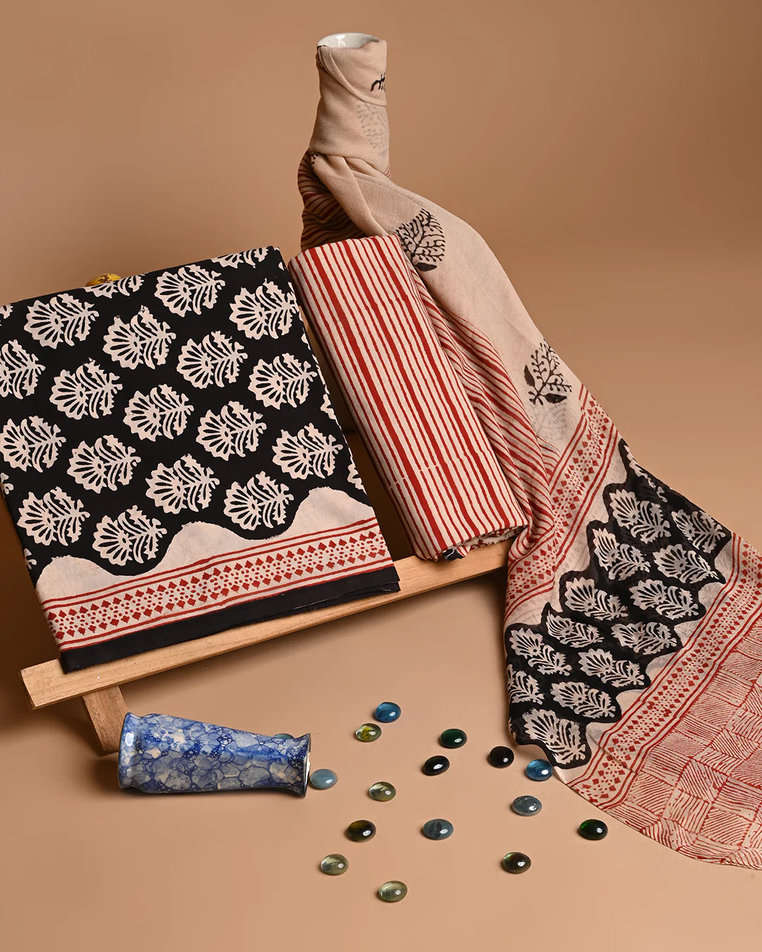 Traditional Brown With Black Boota Hand Block Printed Cotton Suit With Chiffon Dupatta (BSCOTCH02) - Image 3