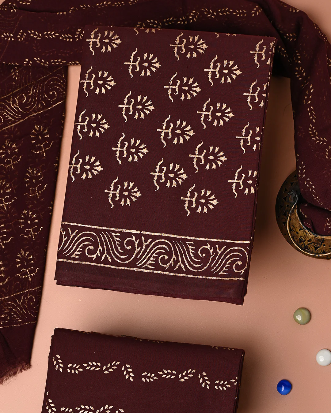 Traditional Gold Printed Cotton Suit With Chiffon Dupatta (BSCOTCH105) - Image 2