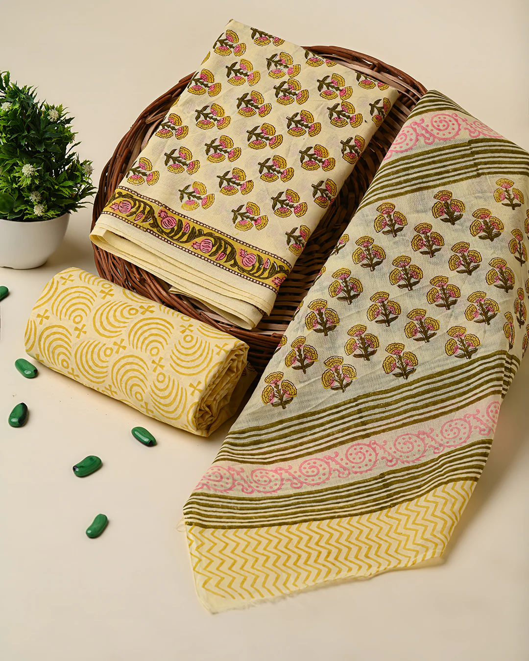 Yellow Hand Block Print Cotton Suit Sets With Cotton Dupatta CFCOTMU28 - Image 3